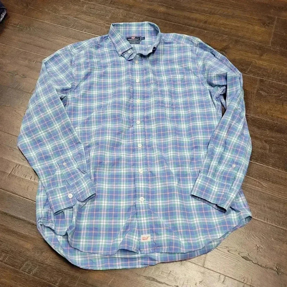 Vineyard Vines Mens Performance Slim Fit Murray Shirt size L Blue Plaid Check - Picture 1 of 5